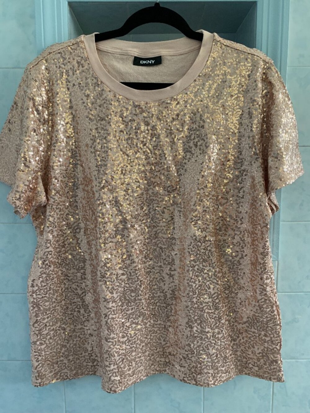 NWT DKNY XL BLUSH PINK SEQUINED COTTON T-SHIRT TOP
